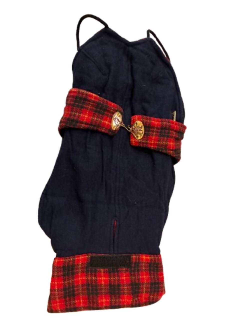 Navy Dog Coat with Red Plaid Trim